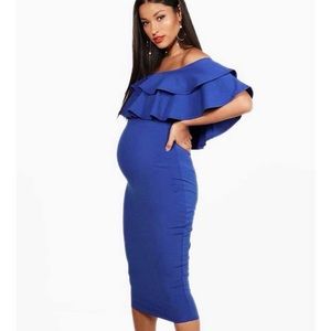 Off the shoulder blue maternity dress.